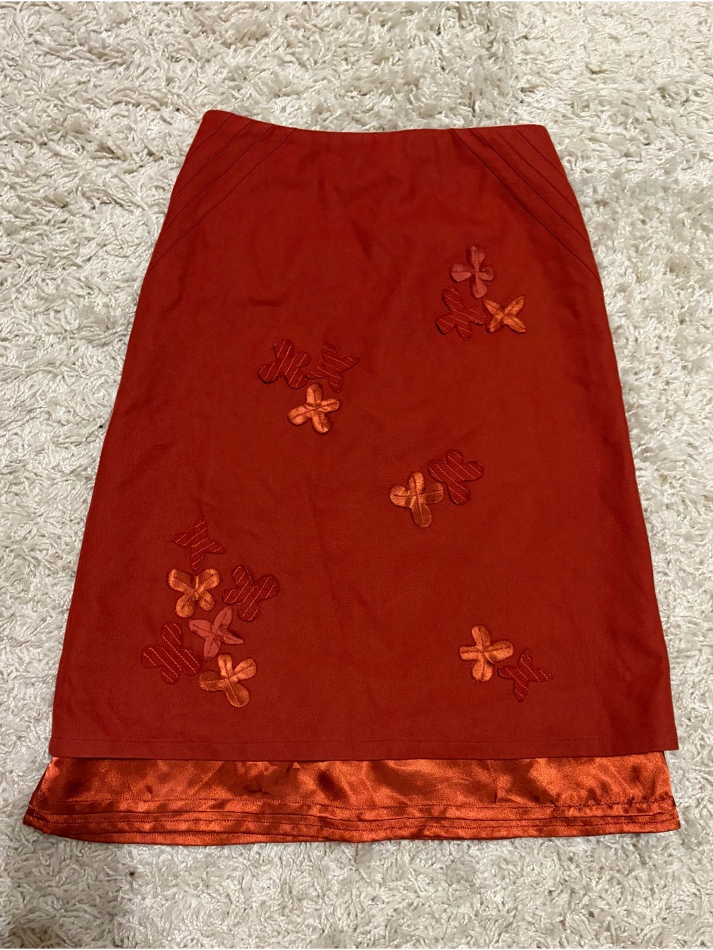 Vintage Solola Women's Midi Skirt Wool Blend Burnt Orange Floral Appliqué Size S